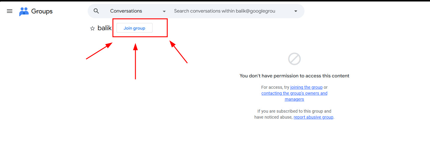 Screenshot showing the Join group button on the Balik Google group page