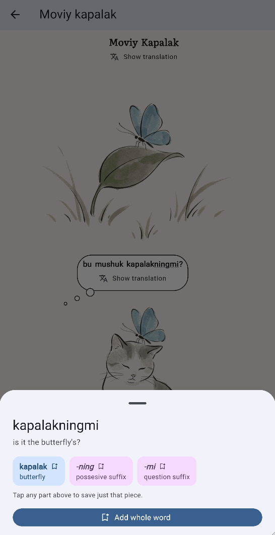 A Balik story with a tappable Uzbek word broken into its parts