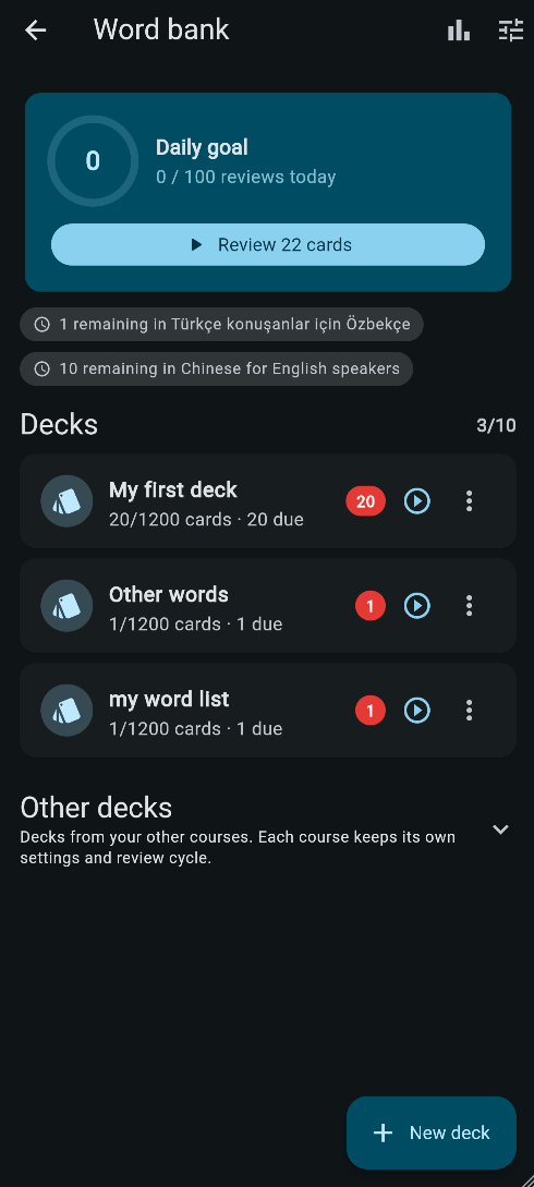 Balik word bank screen showing daily goal and decks